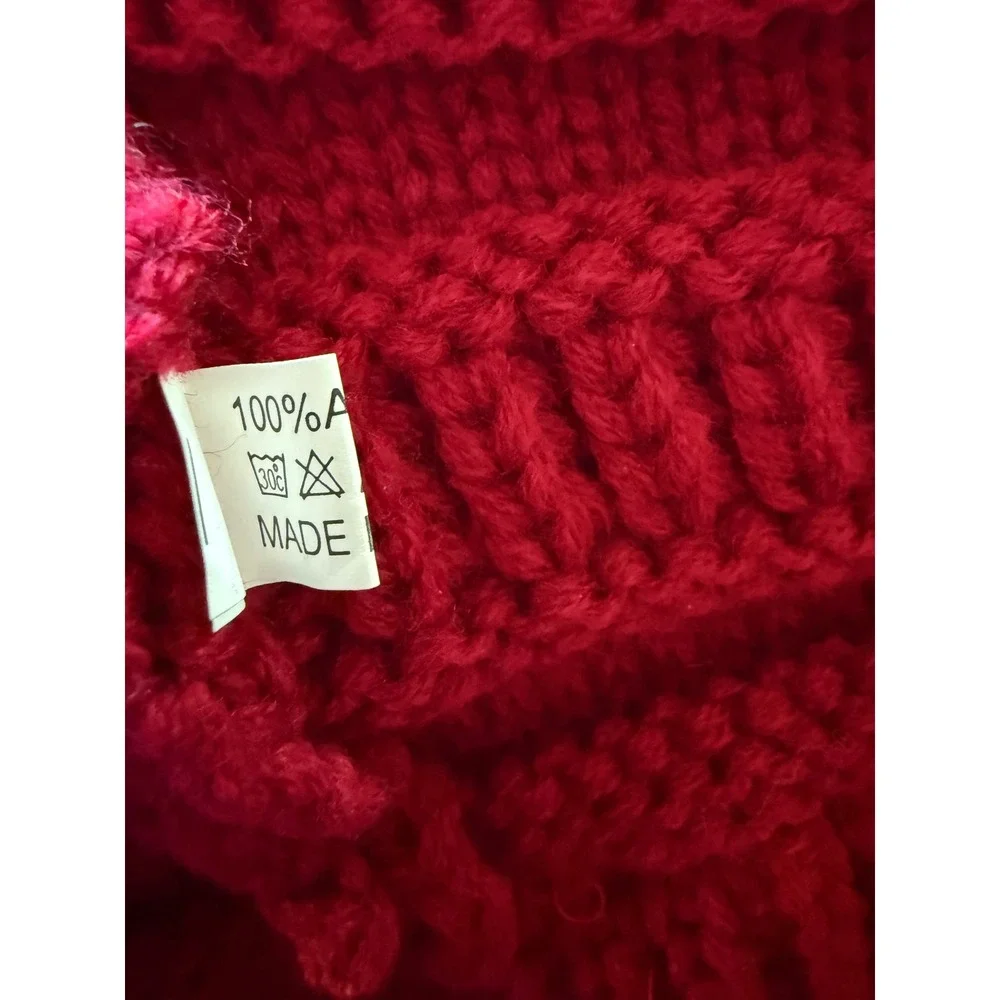 Red CC Slouchy Beanie Hat Pony Tail Cut‎ Out Knit Cuffed Logo Patch Winter Warm